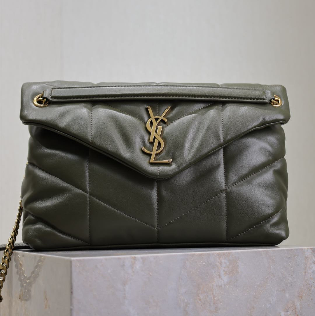 YSL 25S LOULOU PUFFER GM 35 IN DARK OLIVE CALFSKIN GOLD HARDWRE