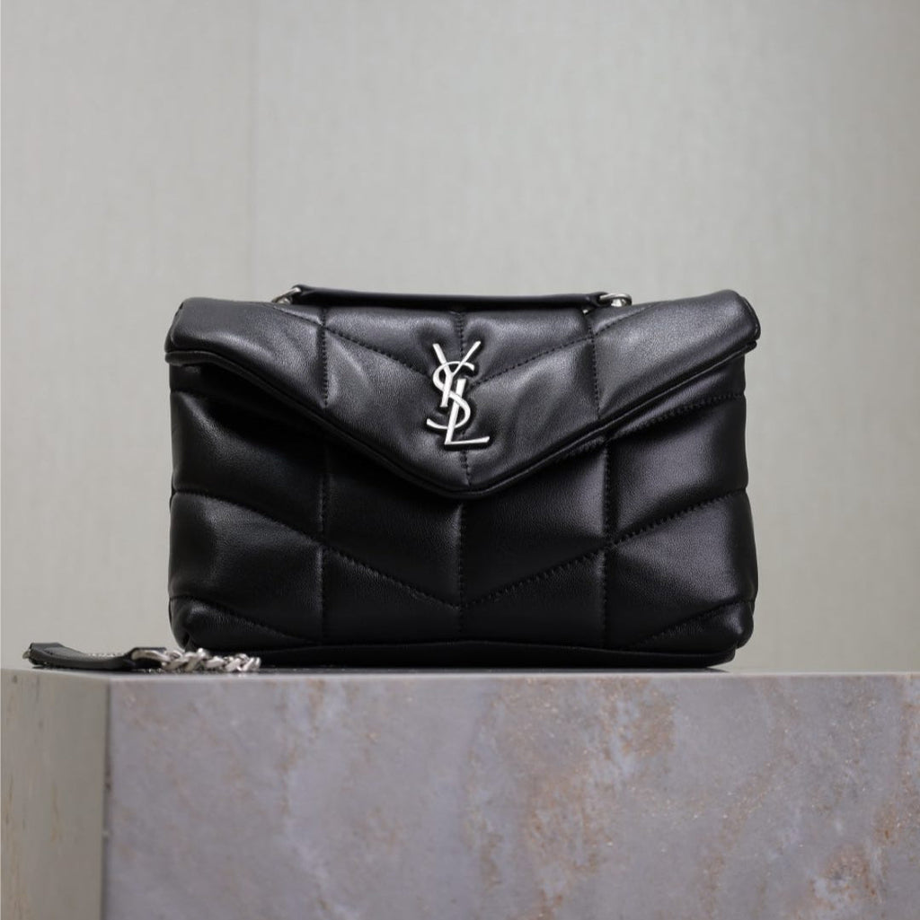 YSL 25S LOULOU PUFFER MINI 23 IN BLACK CALFSKIN SILVER HARDWRE